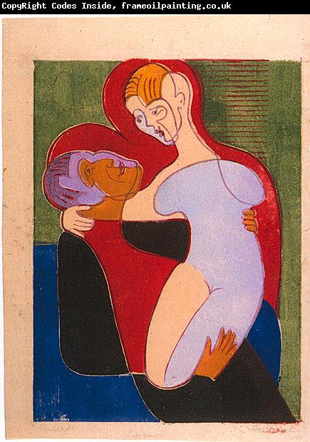 Ernst Ludwig Kirchner Lovers (The Hembusses)- colour-woodcut